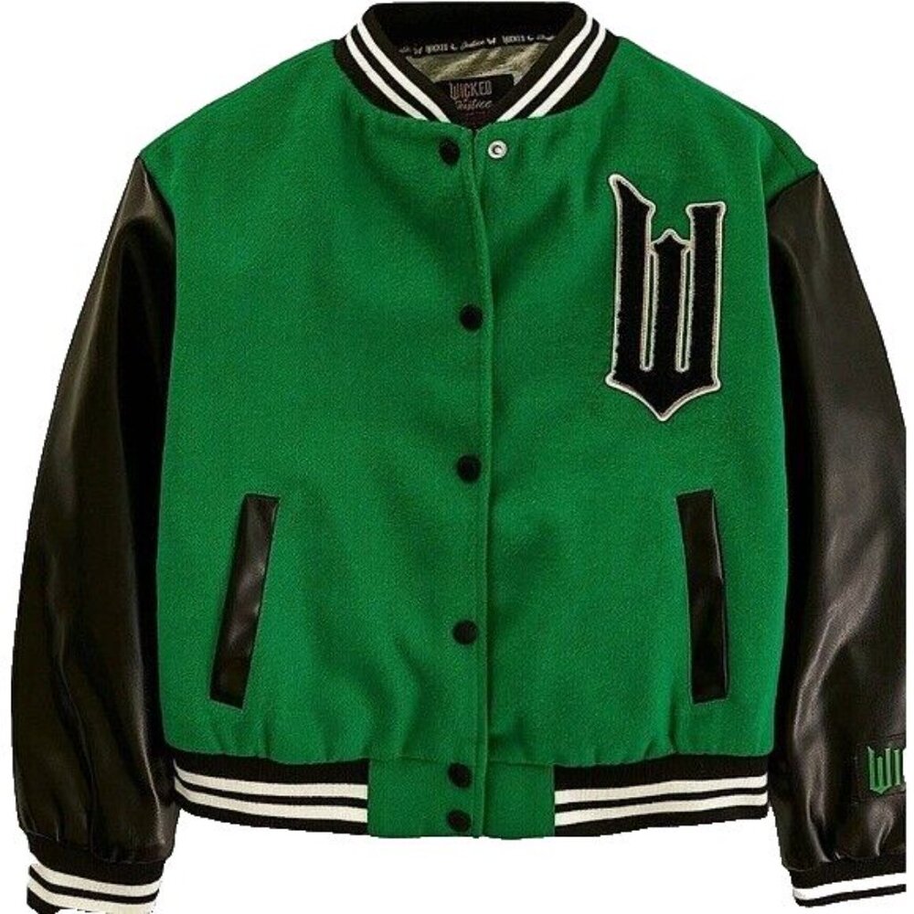Wicked x Justice Girls Elphaba Varsity Bomber Jacket Coat Green Black NWT XS